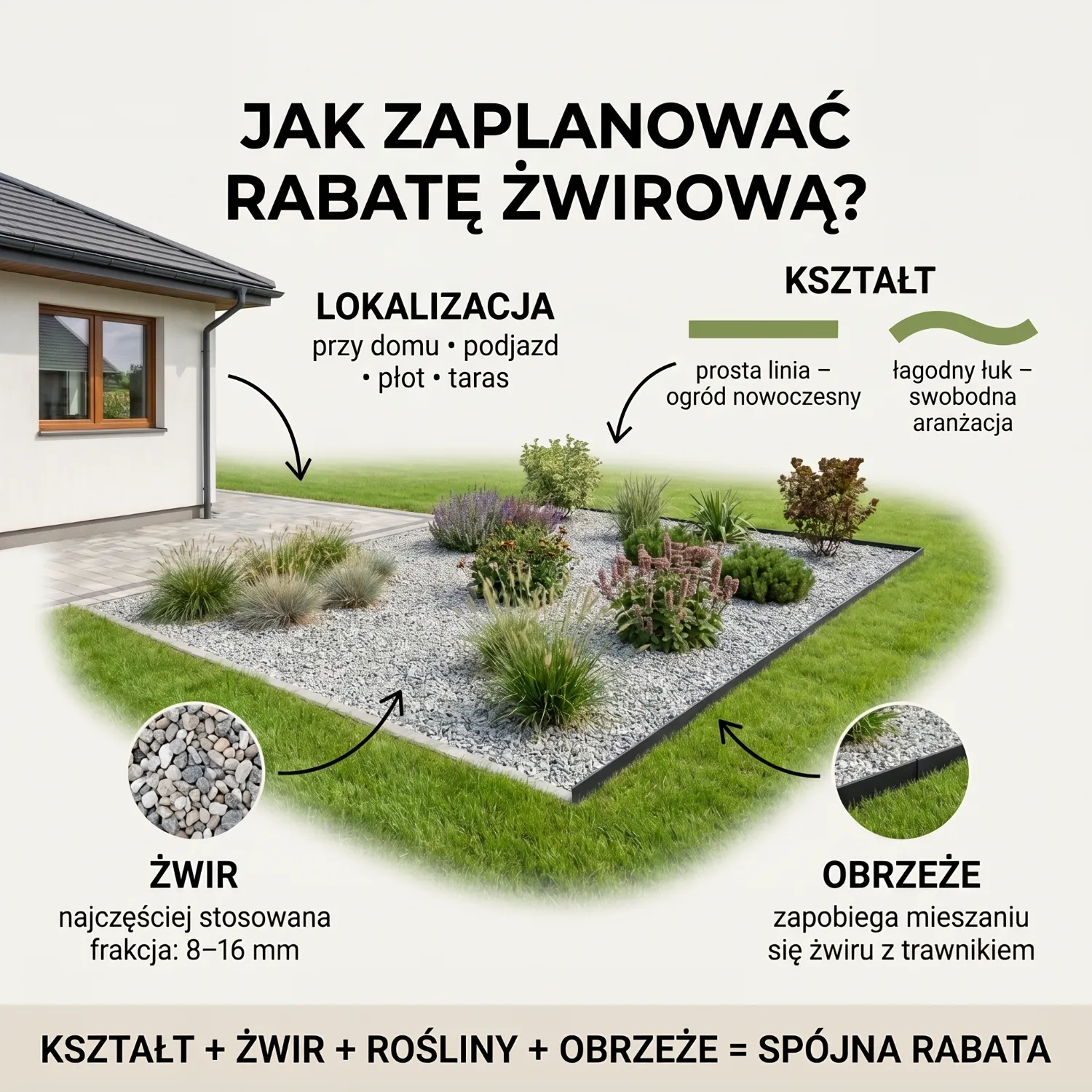 Nowoczesna rabata żwirowa przed budynkiem - inspiracja z trawami ozdobnymi, lawendą i geometrycznym układem